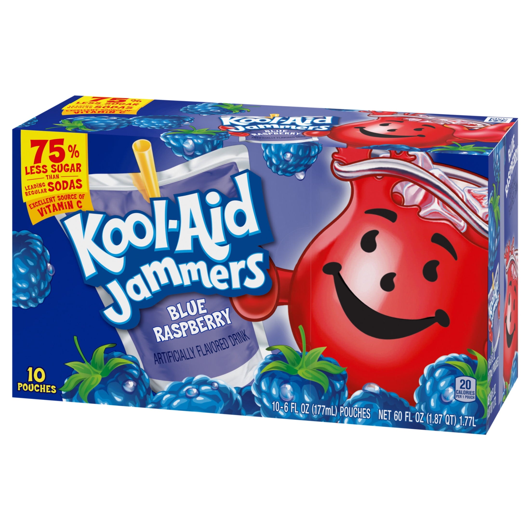 Kool-Aid Jammers Artificially Flavored Drink, 10 Pouches, for School Lunches and On-the-Go Hydration, Blue Raspberry Flavor, Excellent Source of Vitamin C, 6 fl oz