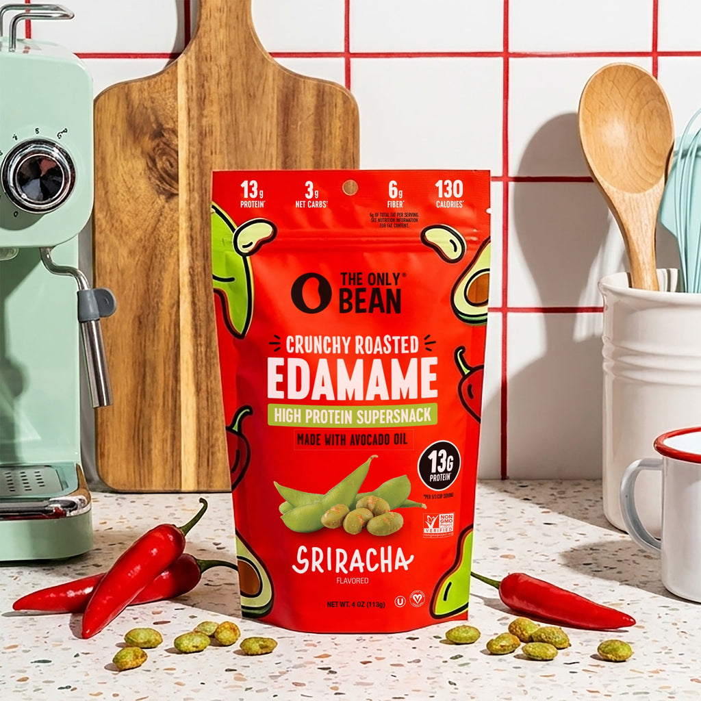 The Only Bean Crunchy Roasted Edamame Snack (Sriracha), High Protein Snacks (13g) Healthy Protein Chips, Keto Friendly Food (2g Net), Plant-Based Vegan Snacks, Office Snacks, Spicy Snack, 4oz 3 Pack