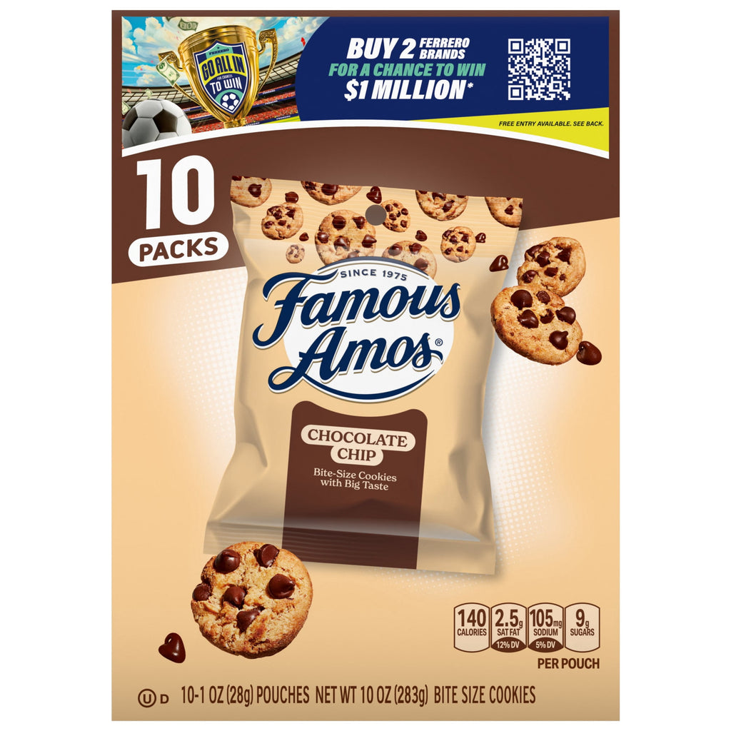 Famous Amos Classic Chocolate Chip Cookies, Bite-size cookies, Sweet Treats, 10 Pack Box, 1oz Bag