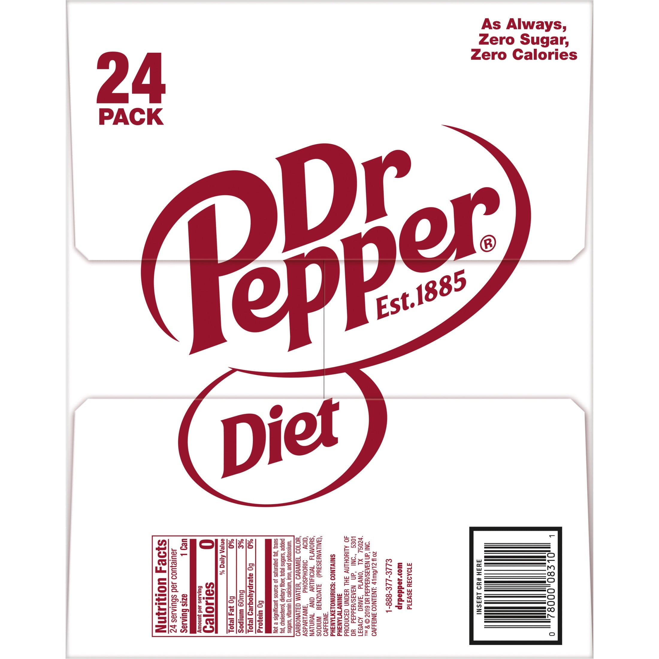Diet Dr Pepper Soda Pop, 12 fl oz, 24 Pack Cans