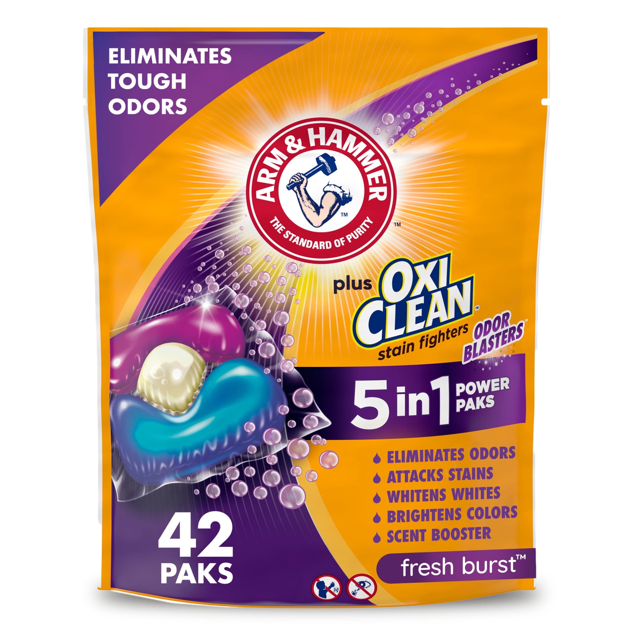 ARM & HAMMER Plus OxiClean Odor Blasters 5-in-1 Laundry Detergent Power Paks, Fresh Burst, 42 Ct