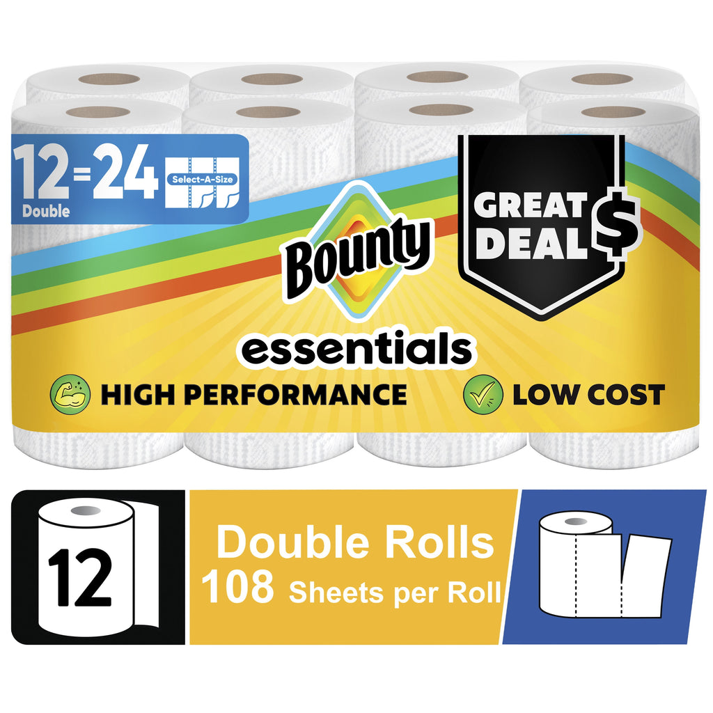 Bounty Essentials Paper Towels Select-A-Size 6 Double Rolls, White, 108 Sheets Per Roll