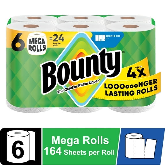 Bounty Paper Towels Select-A-Size White, 6 Mega Rolls, 164 Sheets Per Roll (Pack of 2)