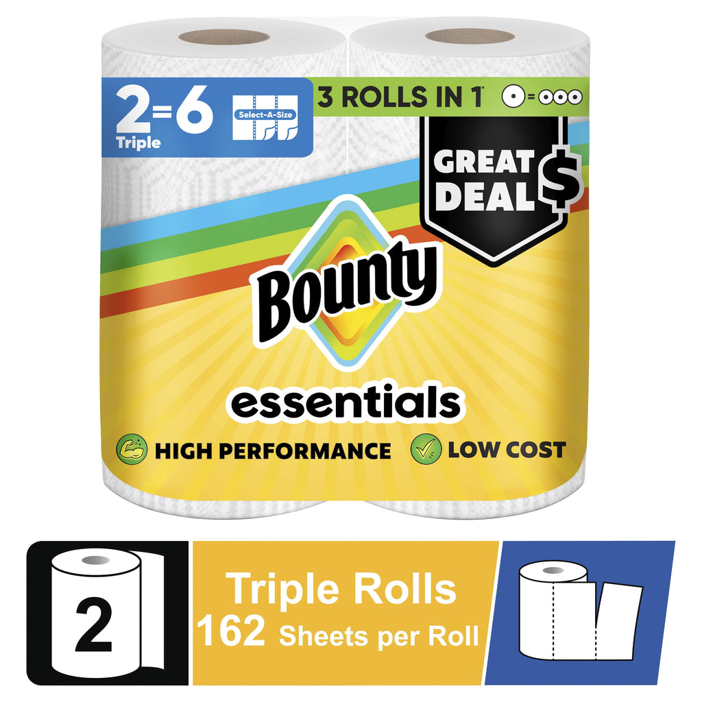 Bounty Essentials Paper Towels Select-A-Size 6 Double Rolls, White, 108 Sheets Per Roll