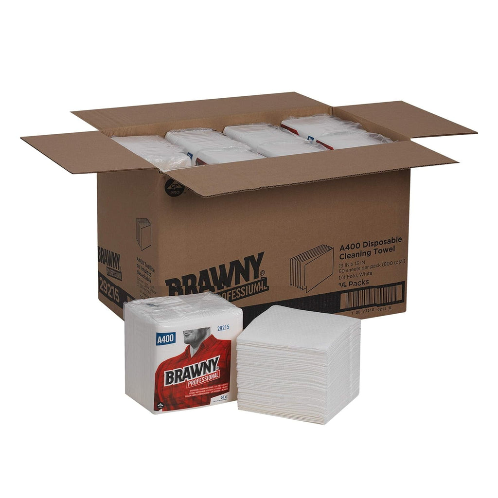 Brawny Professional 1/4-Fold A400 Disposable Cleaning Towel by GP PRO (Georgia-Pacific); White; 29215; 50 Towels Per Pack; 16 Packs Per Case (800 Total)
