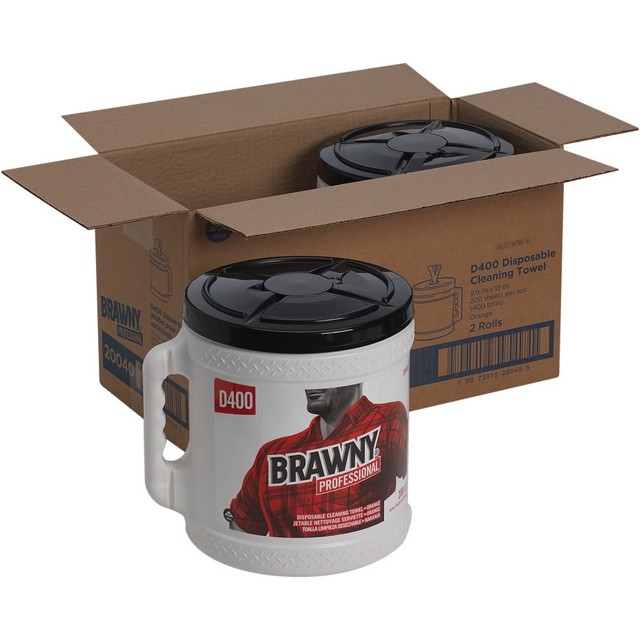 Brawny® Professional D400 Disposable Cleaning Towels With Bucket - 9.90" X 13" - 200 Sheets/roll - Orange - Absorbent, Soft - 2 / Carton