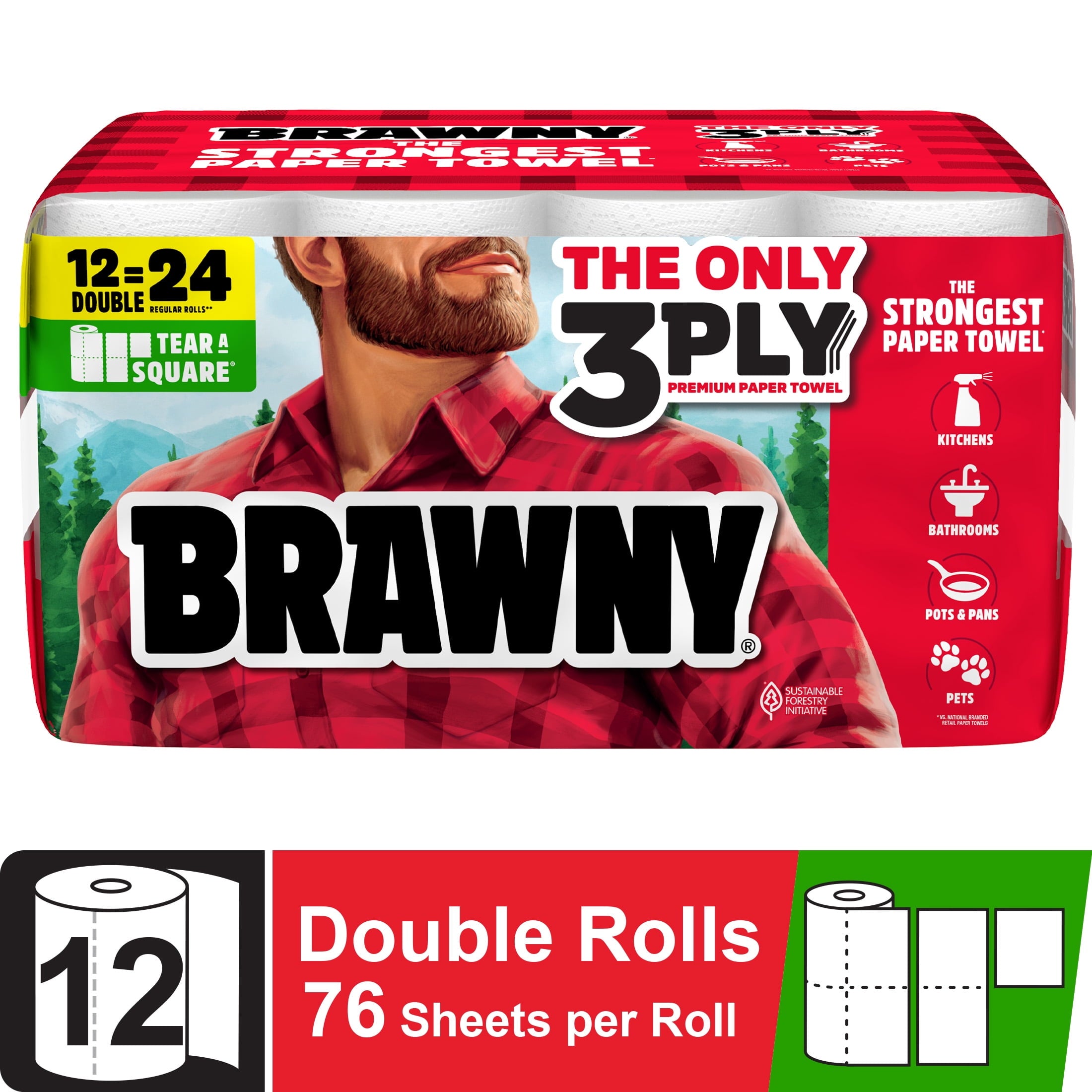 Brawny Tear-A-Square 3-Ply Paper Towels, 6 Double Rolls, 76 Sheets per Roll