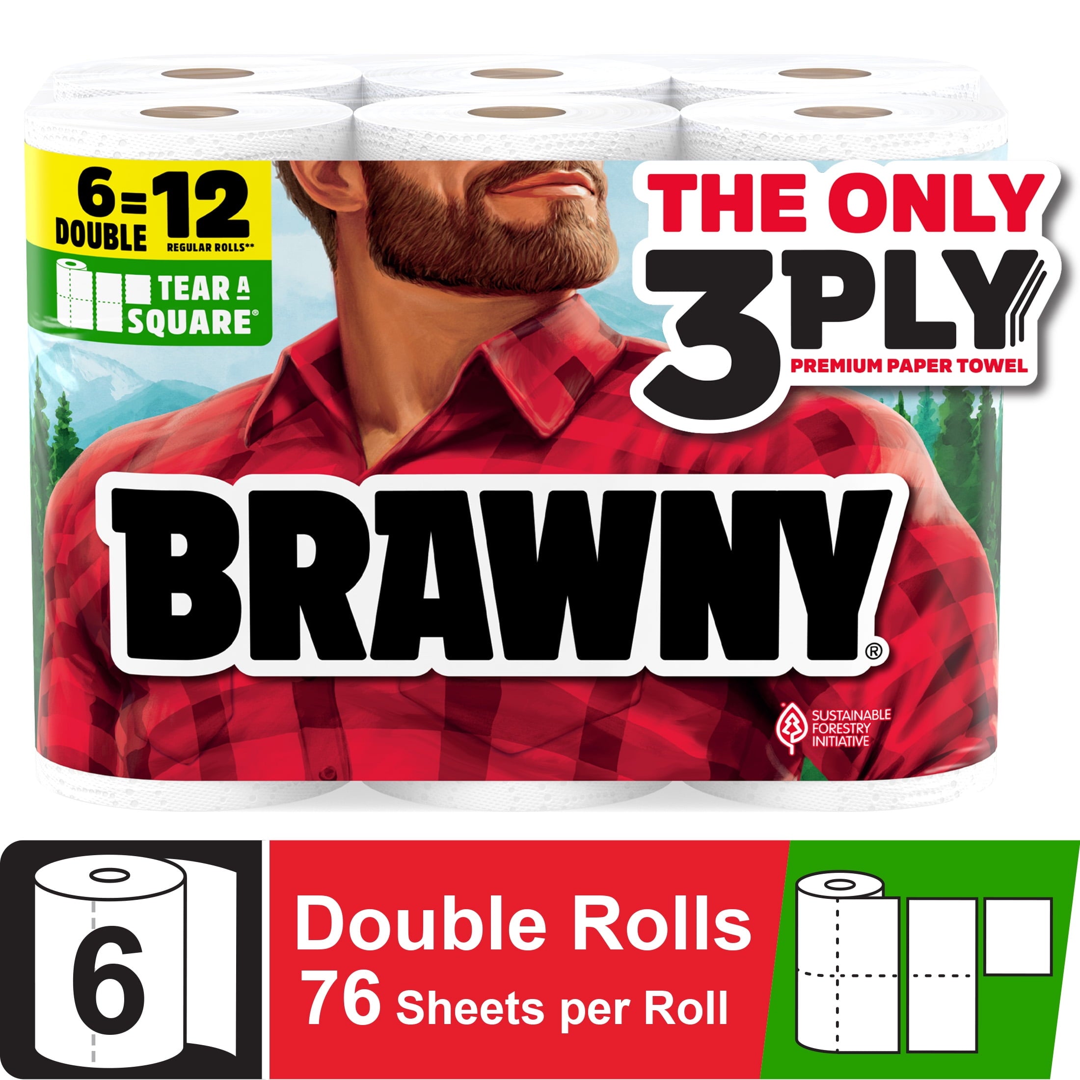 Brawny Tear-A-Square 3-Ply Paper Towels, 6 Double Rolls, 76 Sheets per Roll