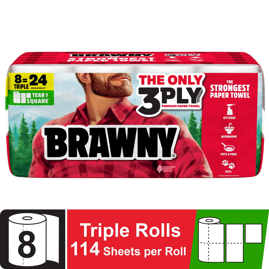 Brawny Tear-A-Square 3-Ply Paper Towels, 8 Triple Rolls, 114 Sheets per Roll