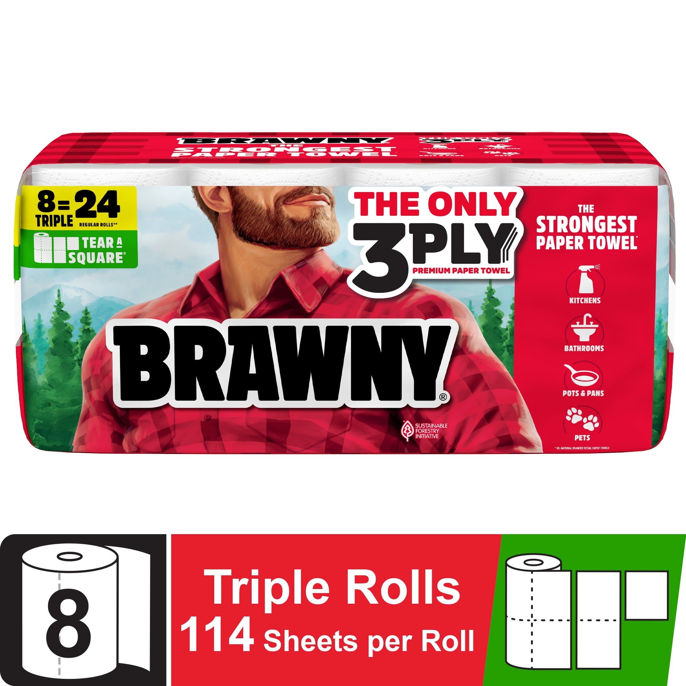 Brawny Tear-A-Square 3-Ply Paper Towels, 8 Triple Rolls, 114 Sheets per Roll