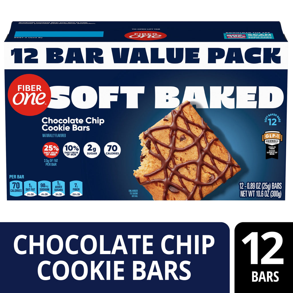 Fiber One Soft Baked Chocolate Chip Cookie Bars, Fiber Snacks, Value Pack, 12 Ct, 10.6 oz