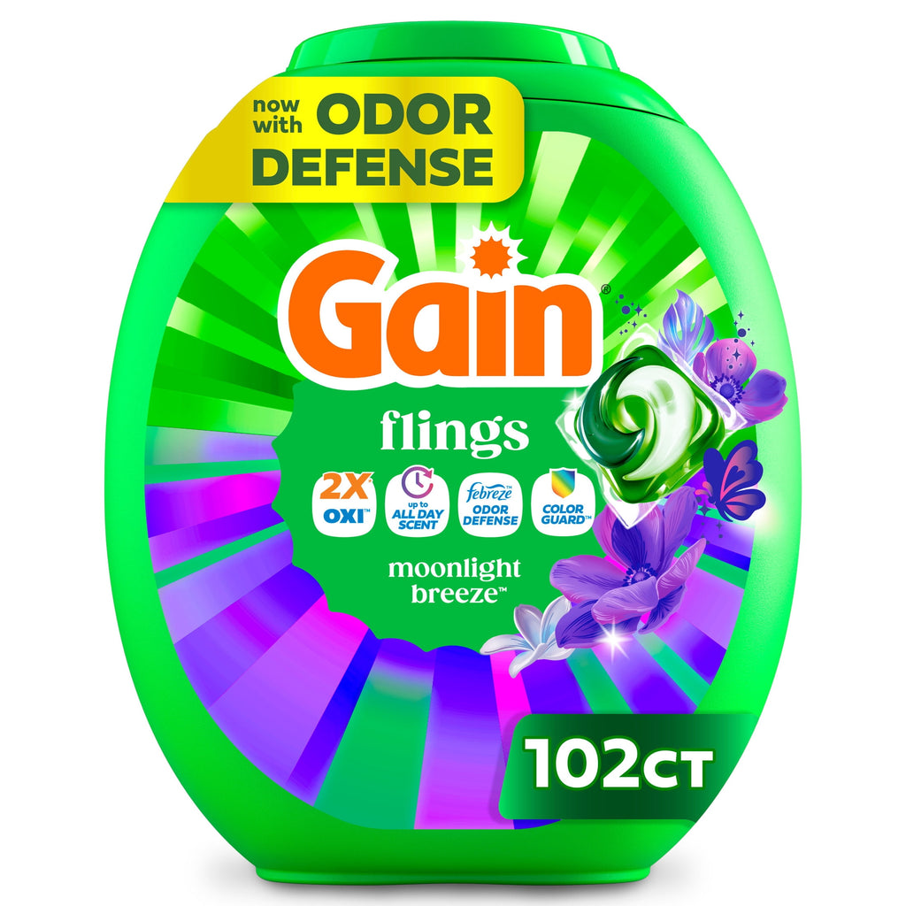 Gain Flings Laundry Detergent Soap Pacs, 4-in-1 Oxi Boost and Febreze, Moonlight Breeze Scent, 102 Count