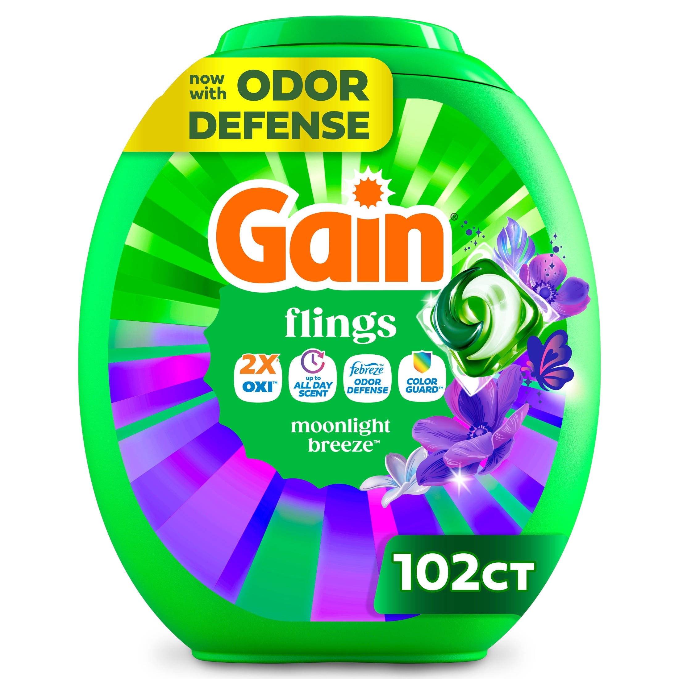 Gain Flings Laundry Detergent Soap Pacs, 4-in-1 Oxi Boost and Febreze, Moonlight Breeze Scent, 102 Count