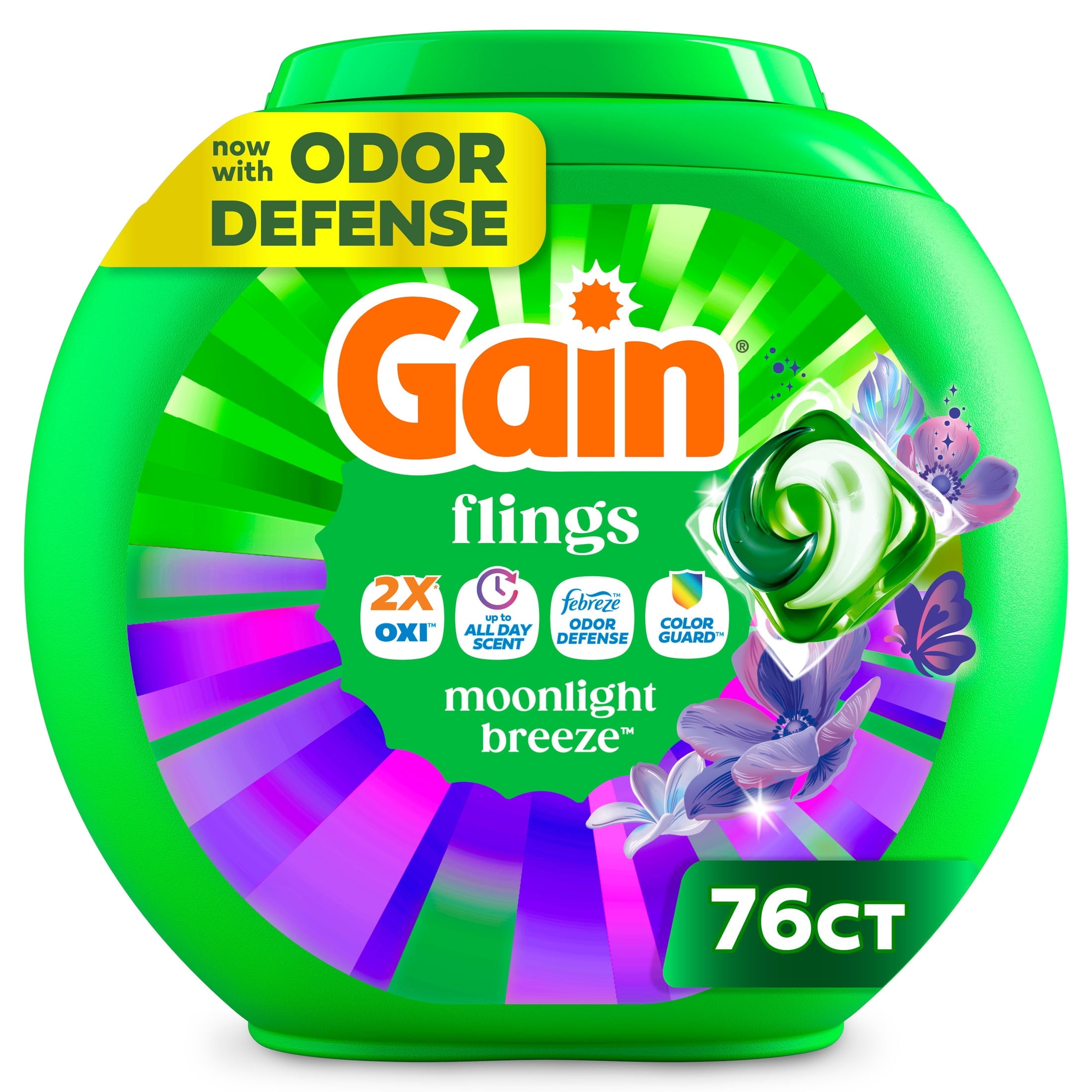 Gain Flings Laundry Detergent Soap Pacs, 4-in-1 Oxi Boost and Febreze, Moonlight Breeze Scent, 76 Count
