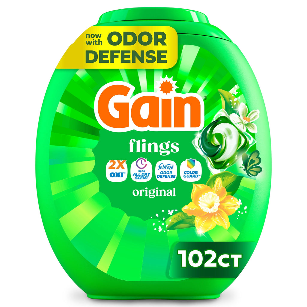 Gain Flings Laundry Detergent Soap Pacs, 4-in-1 Oxi Boost and Febreze, Original Scent, 102 Count