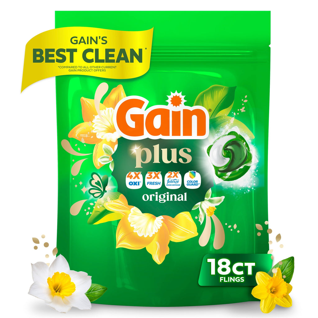 Gain Plus Flings Laundry Detergent Liquid Washing Pacs, Gain's Best All-In-One Clean, Original Scent, 18 Count