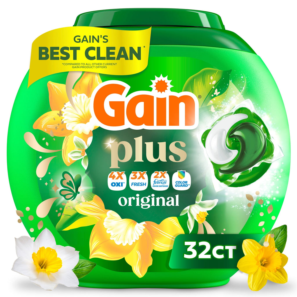 Gain Plus Flings Laundry Detergent Liquid Washing Pacs, Gain's Best All-In-One Clean, Original Scent, 32 Count