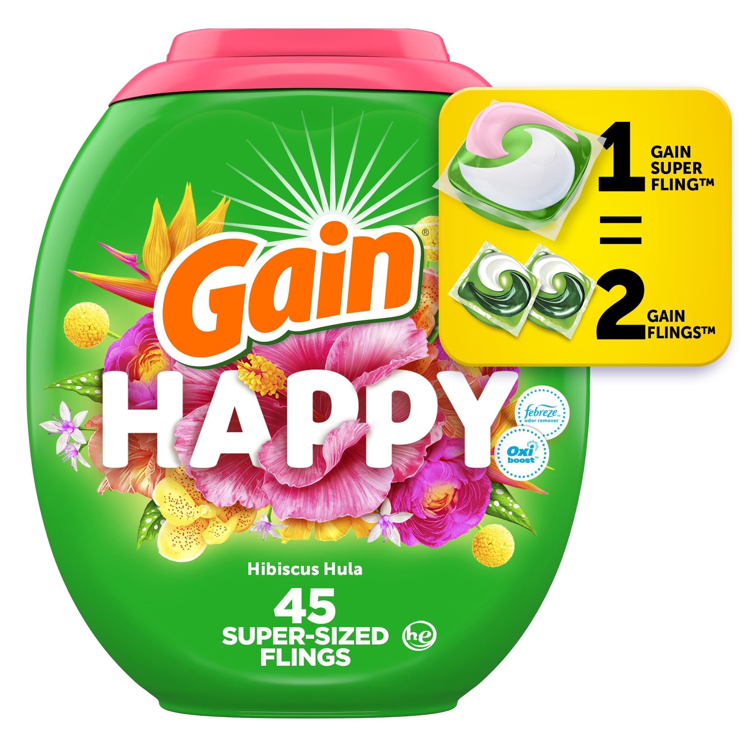 Gain Super Sized Flings Laundry Detergent Pacs, 3-in-1 Detergent Pacs with Febreze and Oxi, Happy Scent, 45 Count