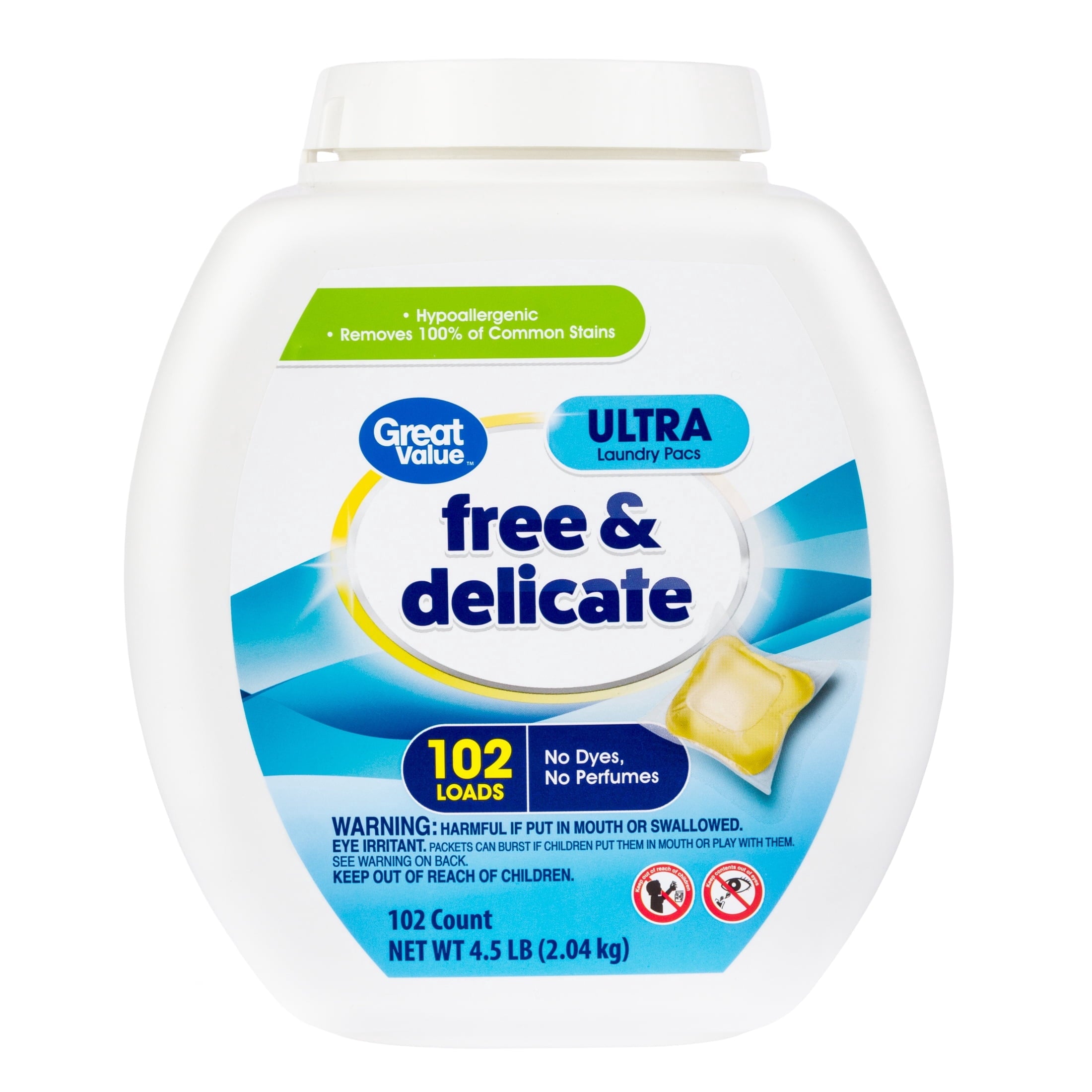 Great Value Free & Delicate Ultra Laundry Detergent Pods, Unscented, 102 Count
