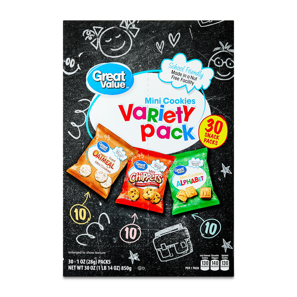 Great Value Mini Alphabet, Chippers & Oatmeal Cookies Variety Pack, 1 oz, 30 Snack Packs
