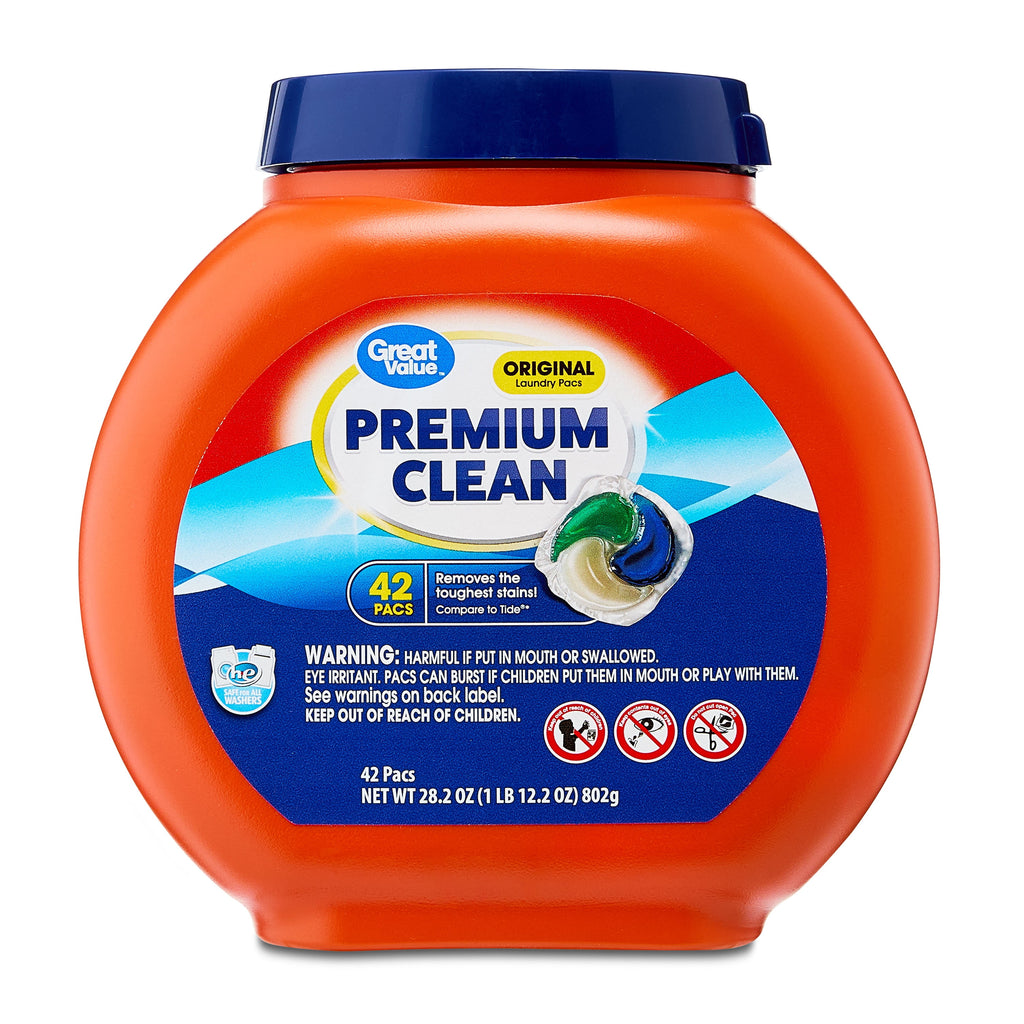 Great Value Premium Clean Laundry Pacs, Original Scent, 42 Count