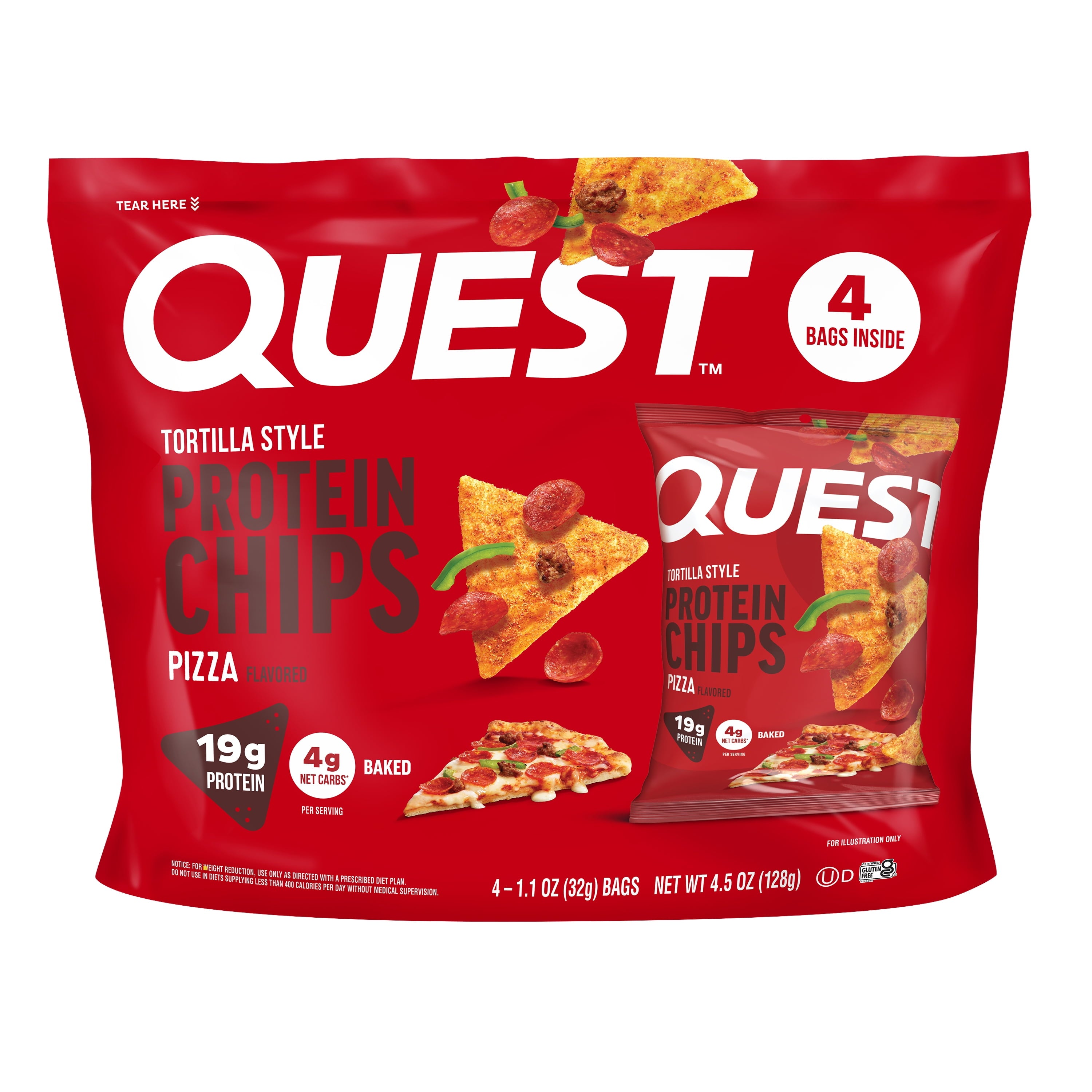Quest Tortilla Style Protein Chips, 19g Protein, Baked, Pizza Flavor, 1.1oz Bags, 4 Count