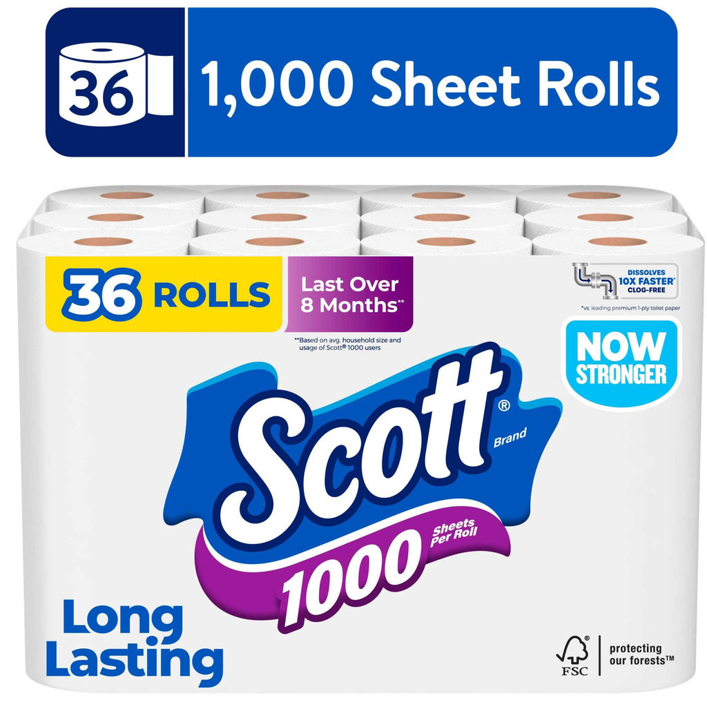 Scott 1000 Toilet Paper, 12 Rolls, 1,000 Sheets per Roll