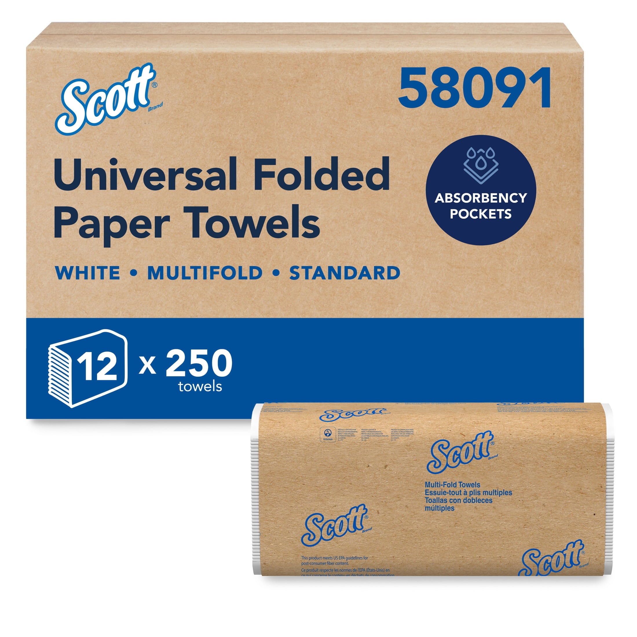 Scott Professional Universal Multifold Paper Towels, Bulk (58091), Absorbency Pockets, White, 9.2"x9.4" Towel, White, Compressed, Compact Case (250 Sheets/Pack, 12 Packs/Case, 3,000 Sheet Total)