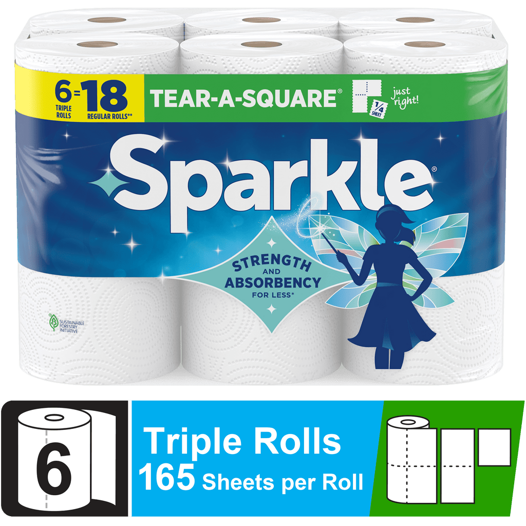 Sparkle Tear-A-Square Paper Towels, 3 Triple Rolls, 165 Sheets per Roll