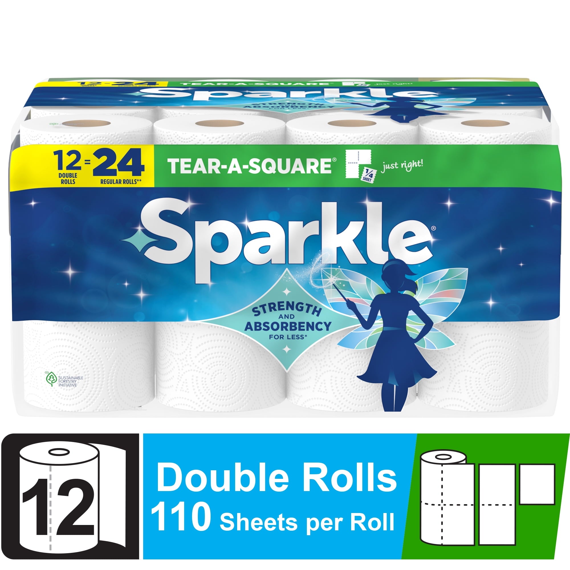 Sparkle Tear-A-Square Paper Towels, 6 Double Rolls, 110 Sheets per Roll