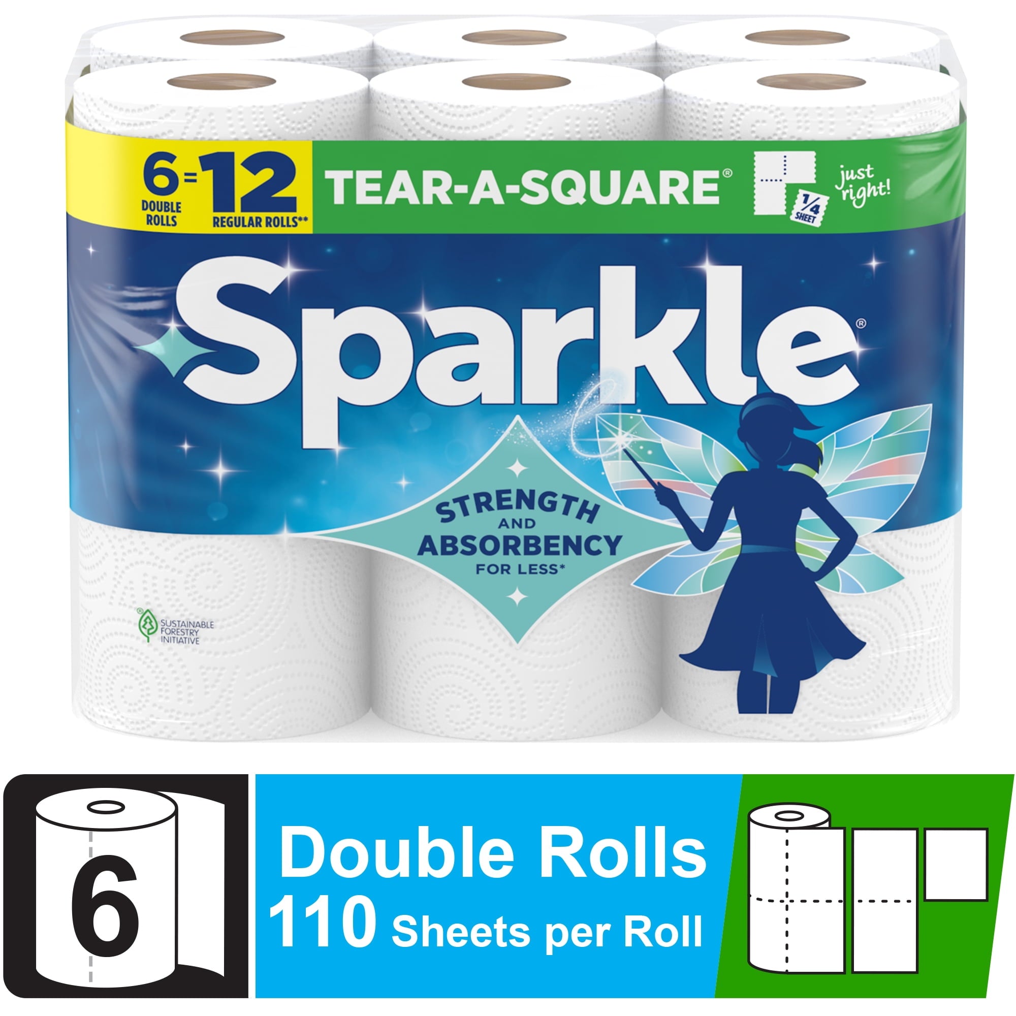 Sparkle Tear-A-Square Paper Towels, 6 Double Rolls, 110 Sheets per Roll