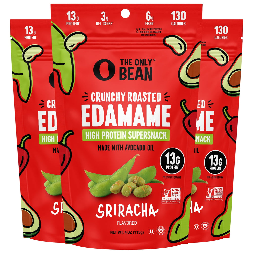 The Only Bean Crunchy Roasted Edamame Snack (Sriracha), High Protein Snacks (13g) Healthy Protein Chips, Keto Friendly Food (2g Net), Plant-Based Vegan Snacks, Office Snacks, Spicy Snack, 4oz 3 Pack