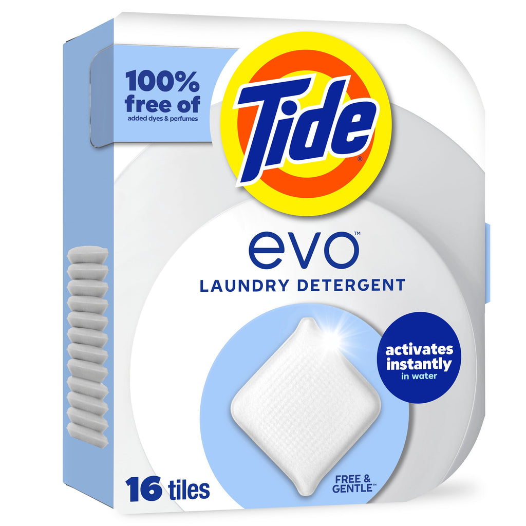 Tide Evo Free & Gentle Laundry Detergent Tiles, Works on 100% of Common Stains, Unscented, 16 Count