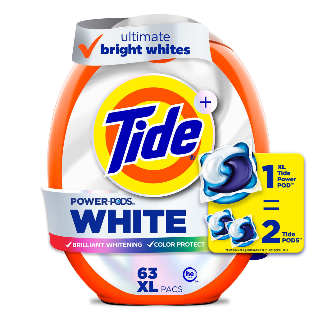 Tide Power PODS White Laundry Detergent Pacs, Brilliant Whitening + Color Protect, 63 Count