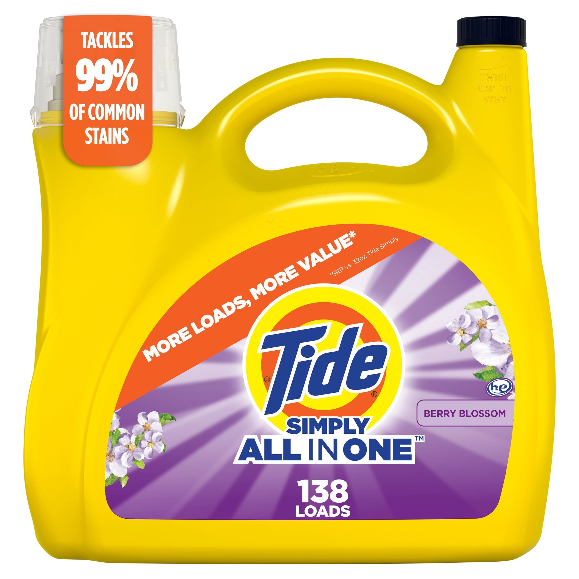 Tide Simply Laundry Detergent Liquid, Clean & Fresh, Berry Blossom Scent, 138 Loads, 173 fl oz