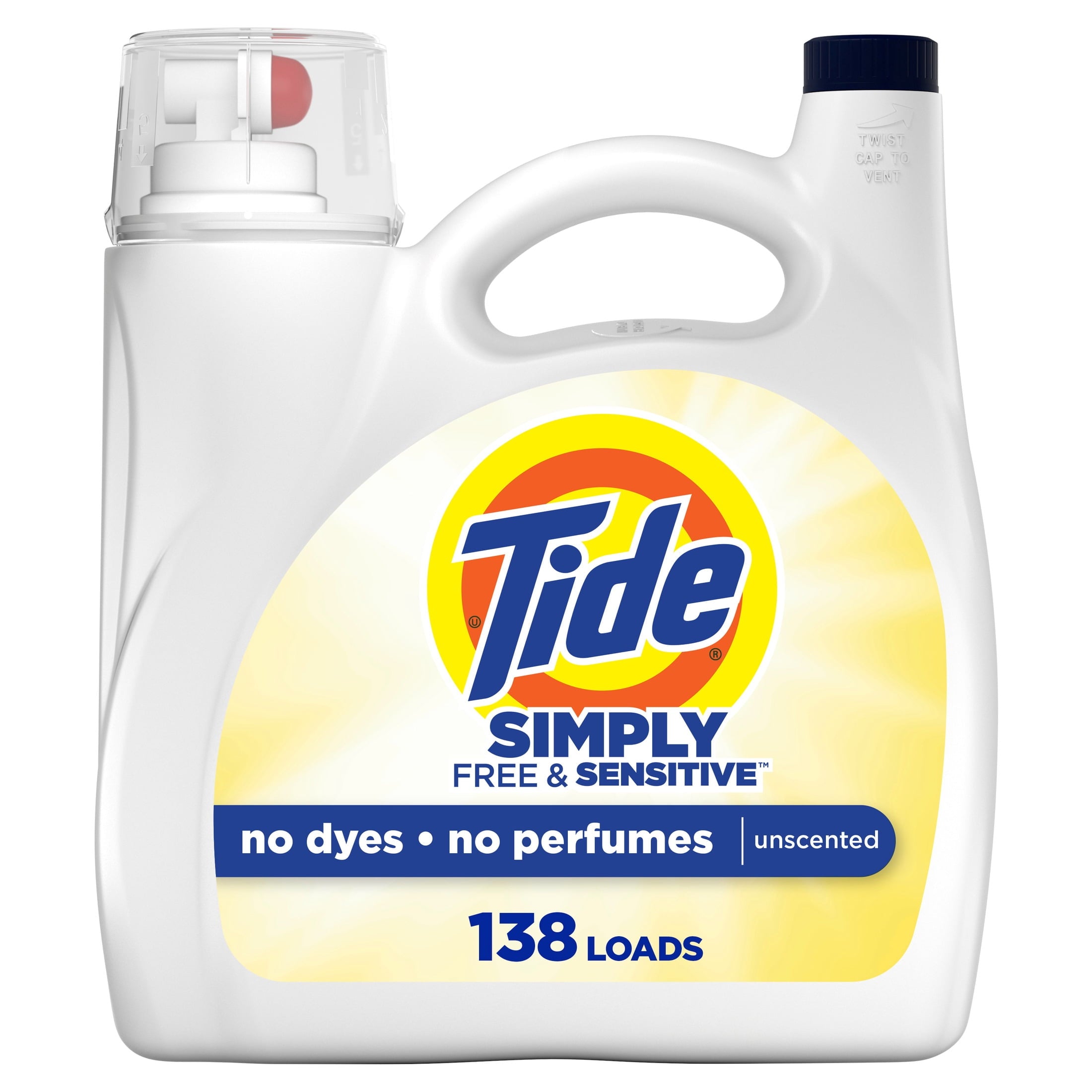 Tide Simply Liquid Laundry Detergent, Free & Sensitive, 138 Loads, 173 fl oz