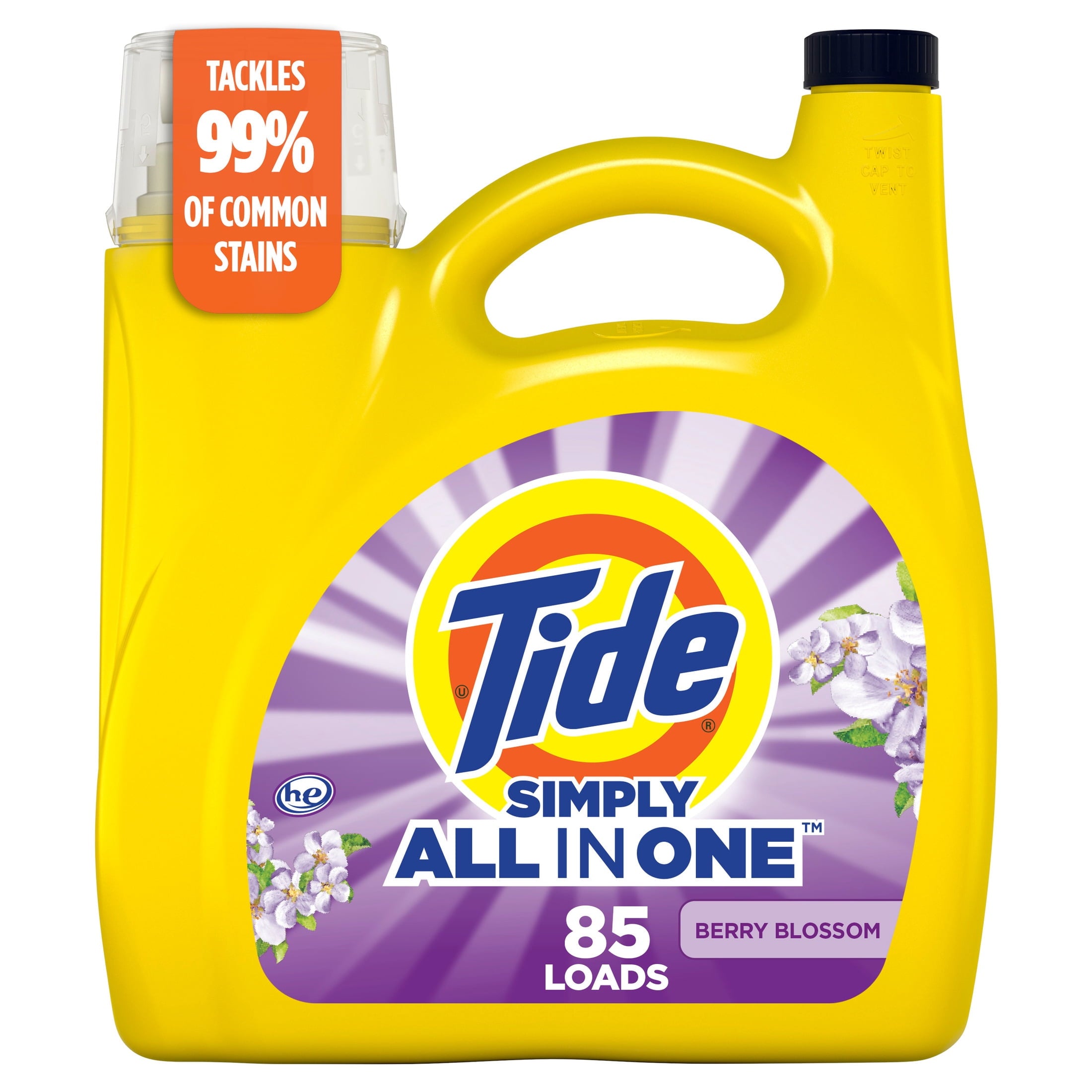 Tide Simply Liquid Laundry Detergent, Clean & Fresh, Berry Blossom Scent, 85 Loads, 107 fl oz