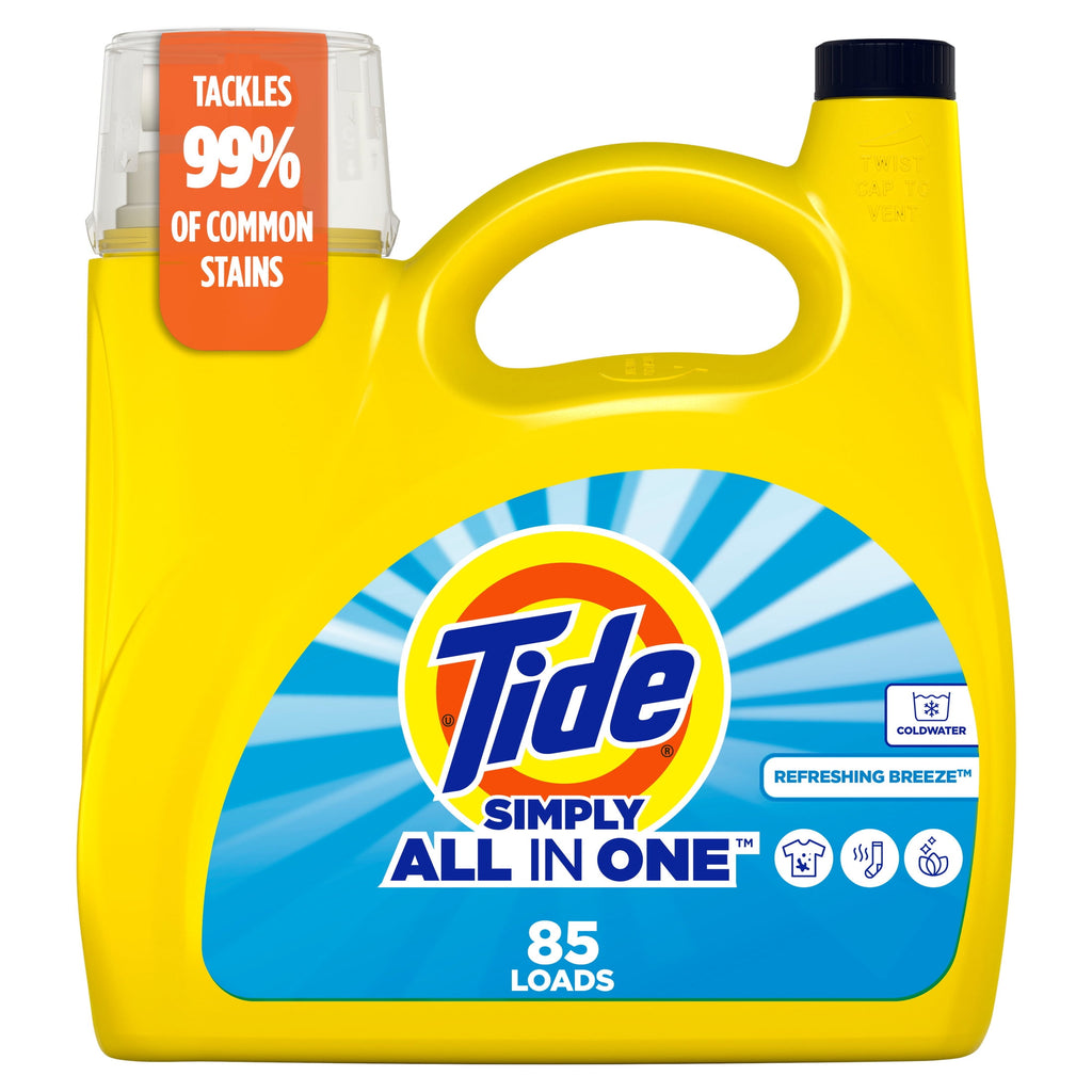 Tide Simply Laundry Detergent Liquid, All-In-One, Refreshing Breeze Scent, 85 Loads, 107 fl oz