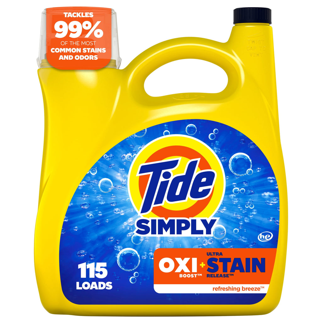 Tide Simply Laundry Detergent Liquid, Oxi Boost + Ultra Stain Release, Refreshing Breeze Scent, 154 fl oz, 115 Loads