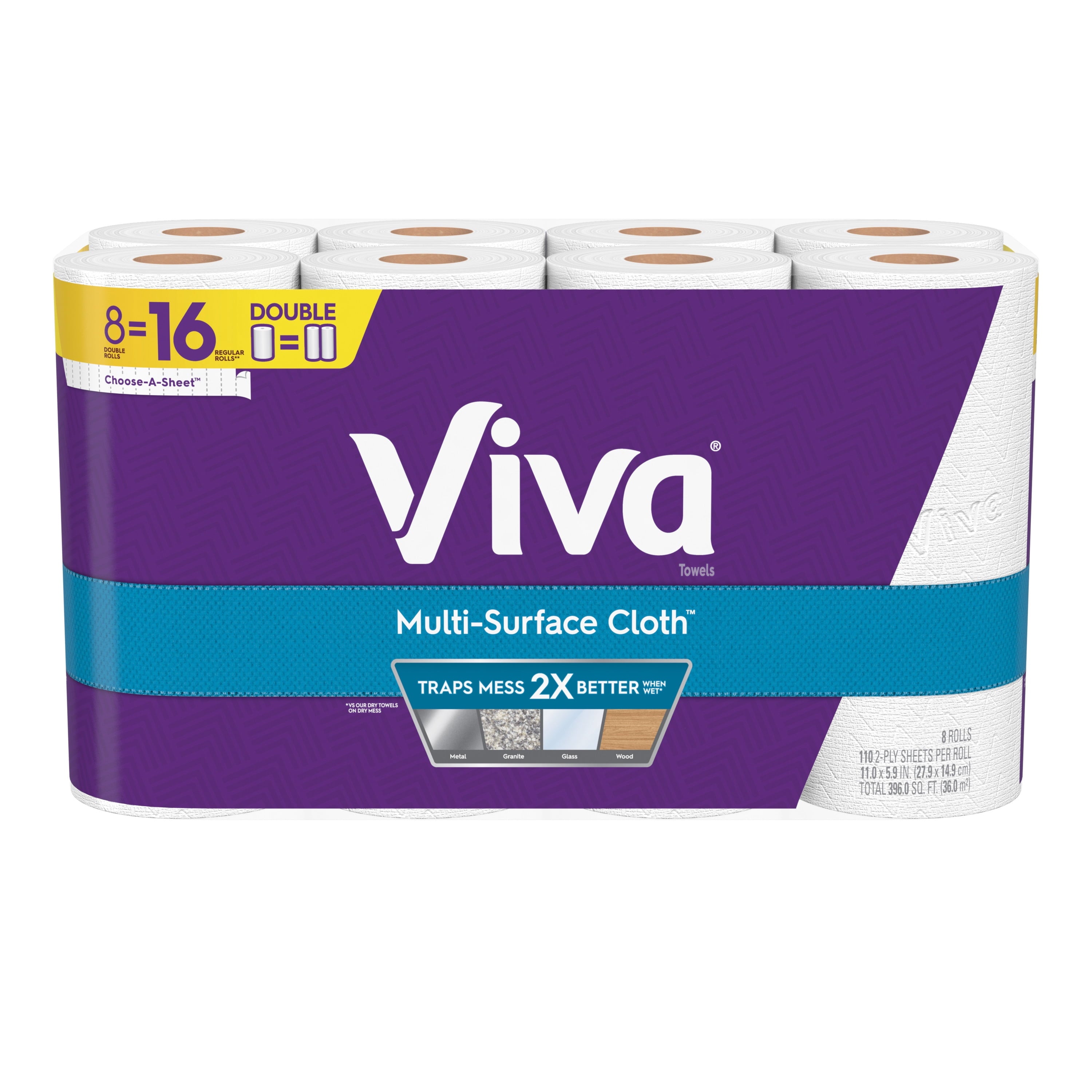 VIVA Multi-Surface Cloth Choose-A-Sheet Kitchen Paper Towels, White, 8 Double Rolls (110 sheets per roll)