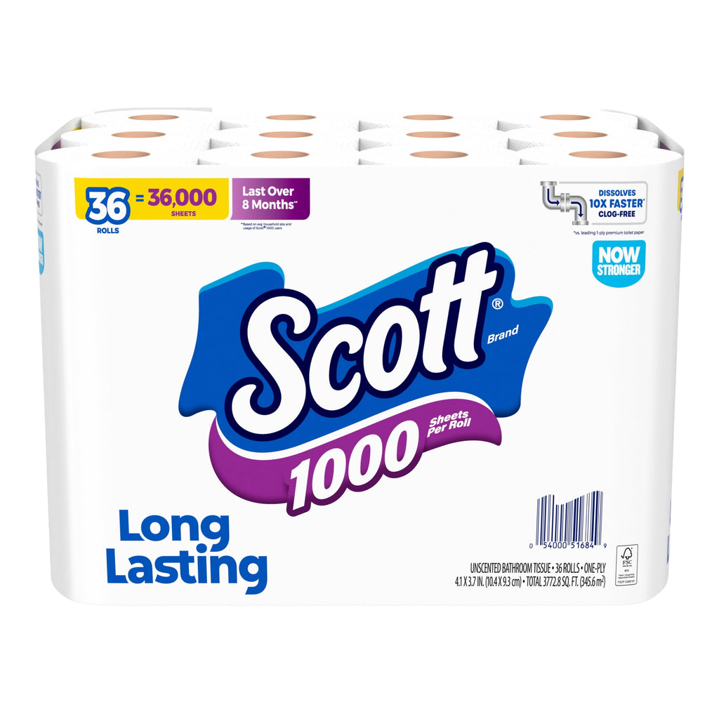 Scott 1000 Toilet Paper, 12 Rolls, 1,000 Sheets per Roll