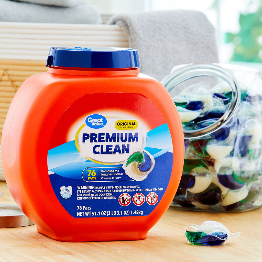 Great Value Premium Clean Laundry Pacs, Original Scent, 76 Count
