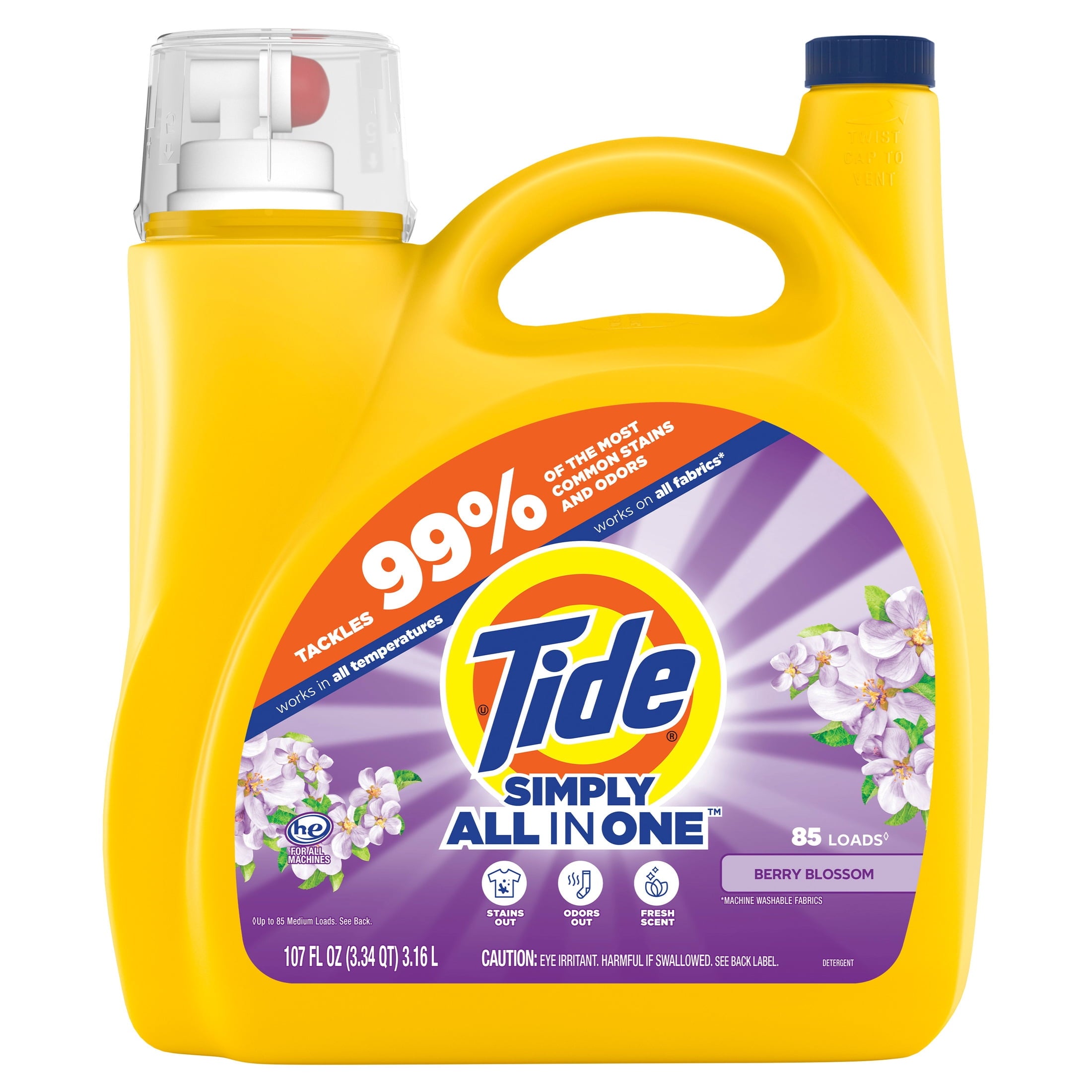 Tide Simply Liquid Laundry Detergent, Clean & Fresh, Berry Blossom Scent, 85 Loads, 107 fl oz