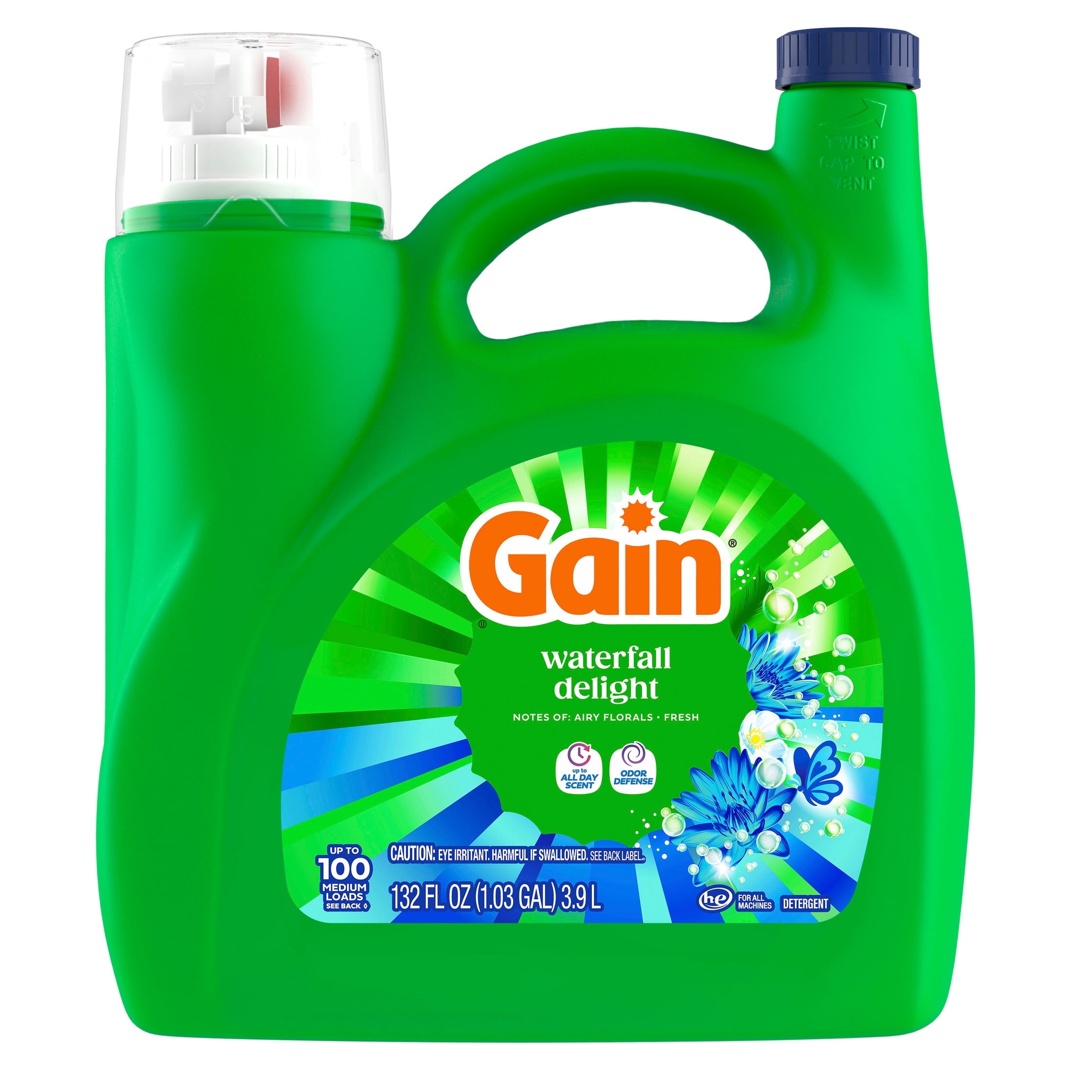 Gain Laundry Detergent Liquid, Now with Odor Defense, Waterfall Delight Scent, 132 fl oz, 100 Loads