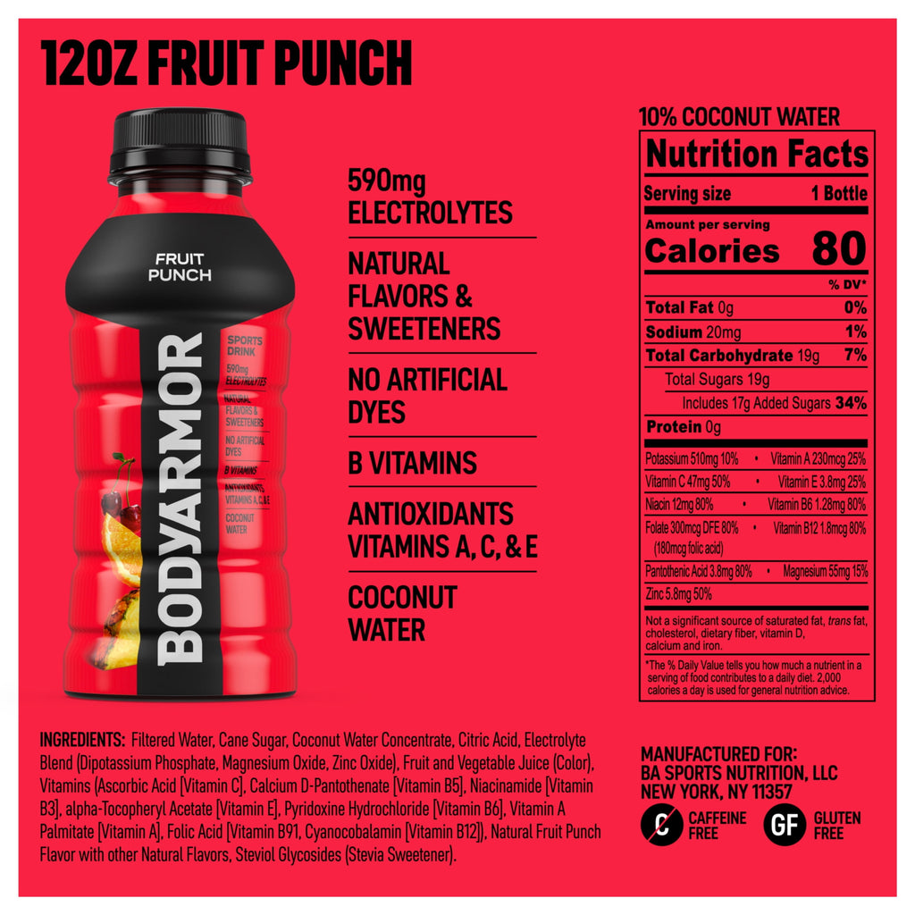 BODYARMOR Fruit Punch Electrolyte Sports Drink Bottles, 12 fl oz, 8 Pack
