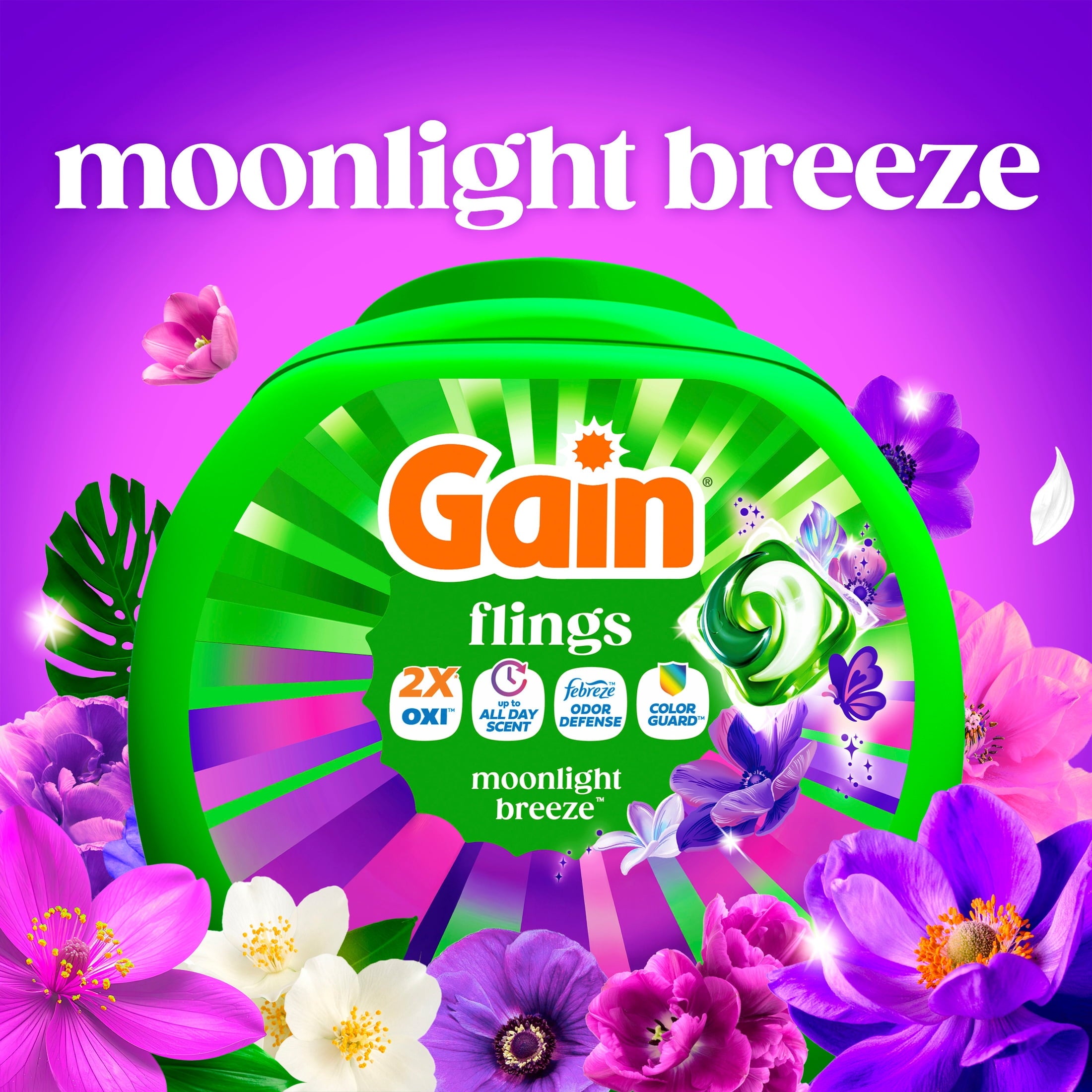 Gain Flings Laundry Detergent Soap Pacs, 4-in-1 Oxi Boost and Febreze, Moonlight Breeze Scent, 102 Count