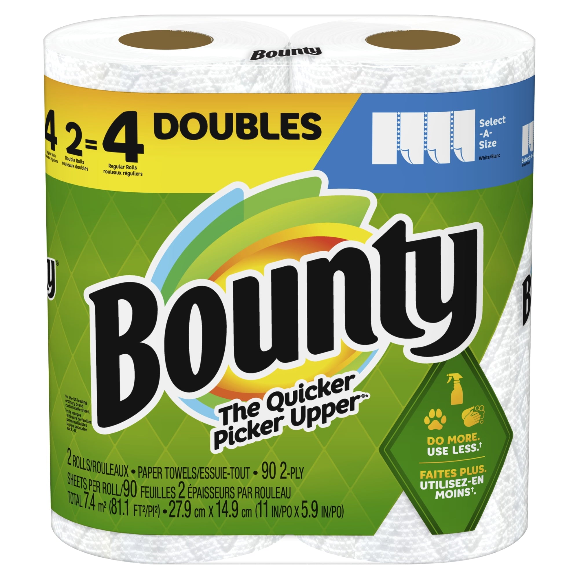 Bounty Select-A-Size 2-Ply Paper Towels, Double Roll, 11" x 6", White, 90 Sheets Per Roll, Pack Of 2 Rolls