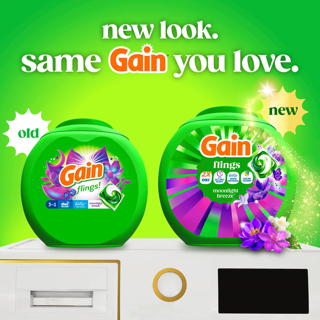 Gain Flings Laundry Detergent Soap Pacs, 4-in-1 Oxi Boost and Febreze, Moonlight Breeze Scent, 102 Count