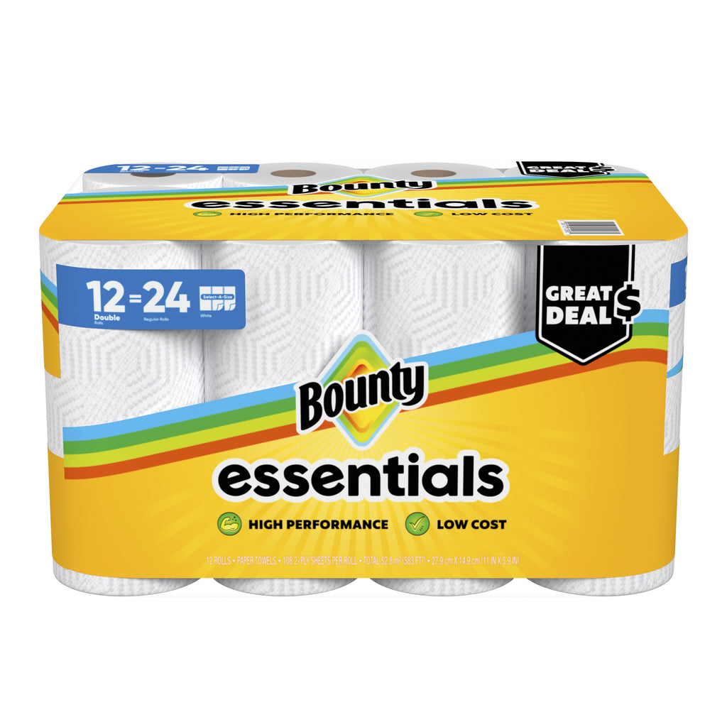 Bounty Essentials Paper Towels Select-A-Size 6 Double Rolls, White, 108 Sheets Per Roll