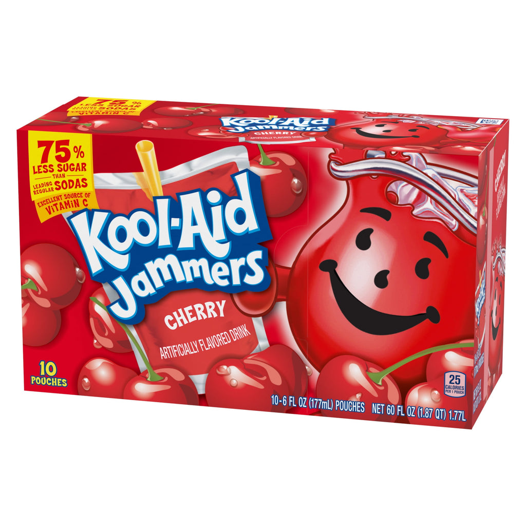Kool-Aid Jammers Artificially Flavored Drink, 10 Pouches, for School Lunches and On-the-Go Hydration, Cherry Flavor, Excellent Source of Vitamin C, 6 fl oz
